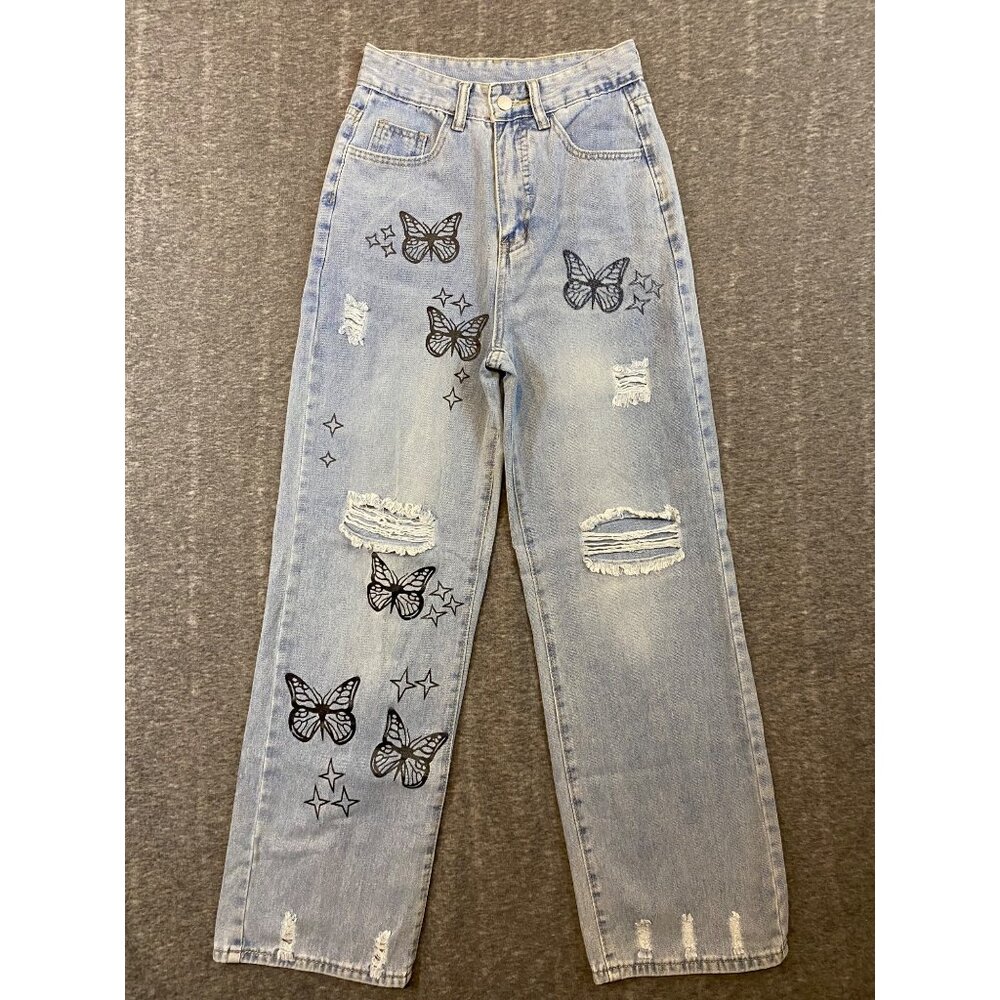 Butterfly Print Distressed‎ Light Wash Denim Jeans High Rise Womens XS (Size 0)